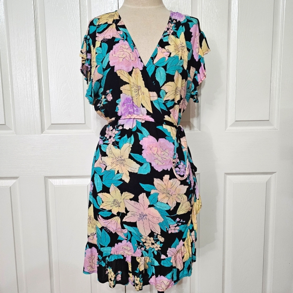 Billabong black floral wrap dress